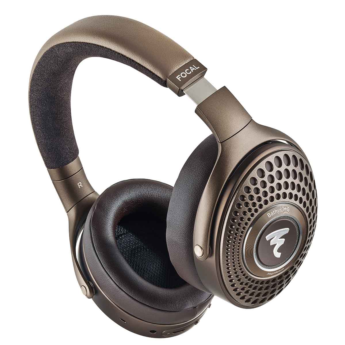 Focal Bathys MG Wireless Over-Ear Active Noise Cancelling Headphones - front and side view of left earphone with headphones tilted and angled left