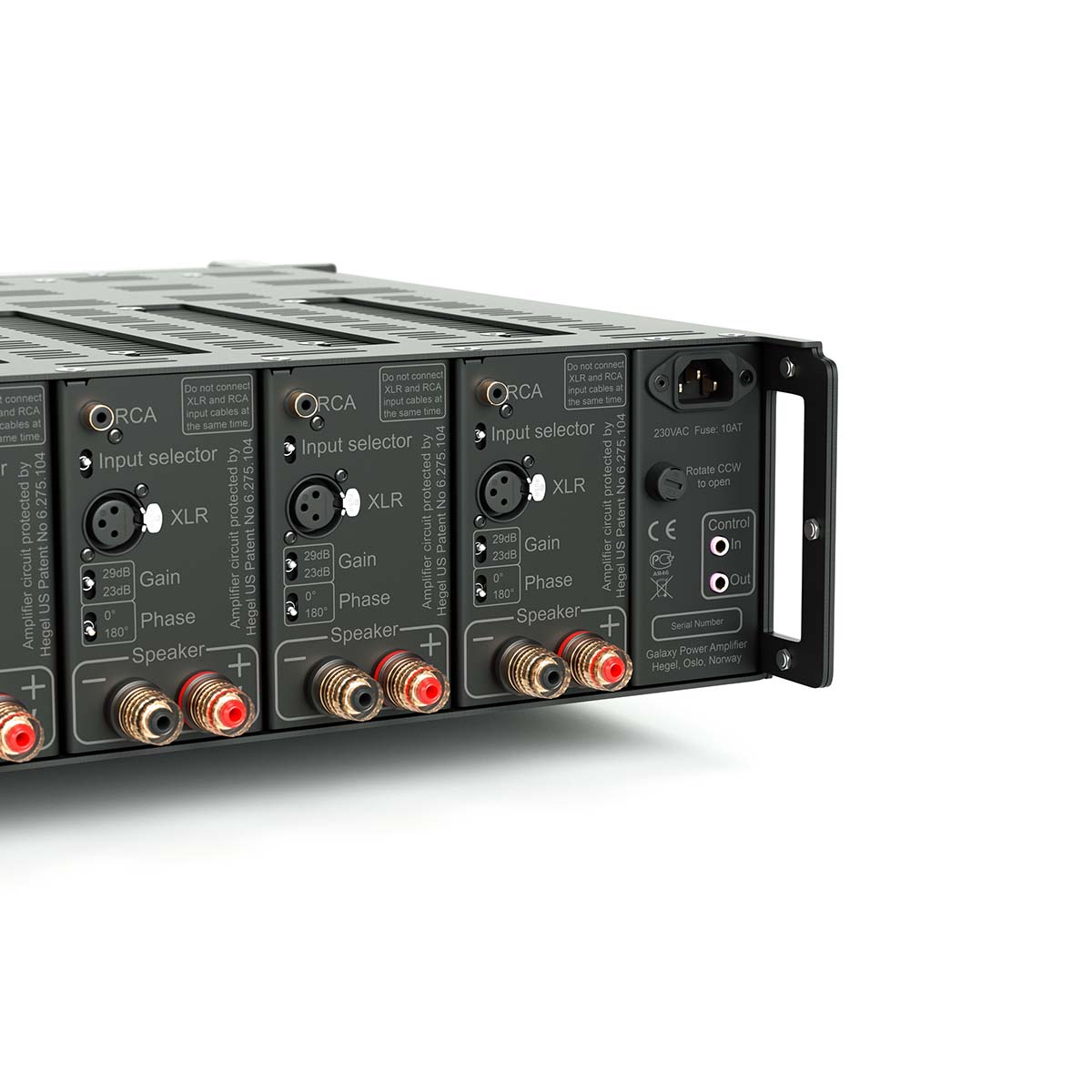 Hegel C55 5-Channel Amplifier back view close-up of right side