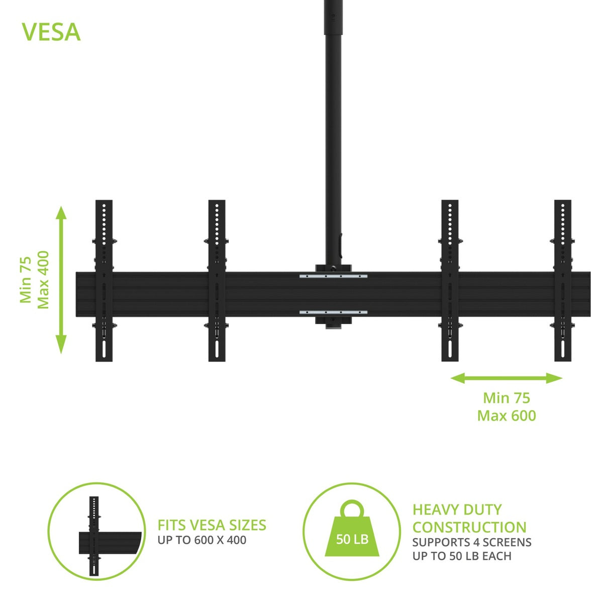 Kanto CM600B4B Back-to-Back Quad Screen TV Ceiling Mount for Four 40” to 45” TVs with VESA dimensions and weight capacity on a white background