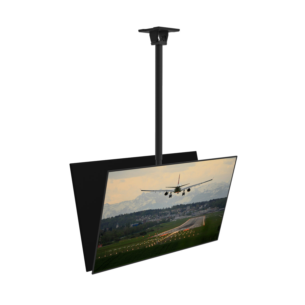 Ceiling-mounted display screen showing an airplane landing on a runway.