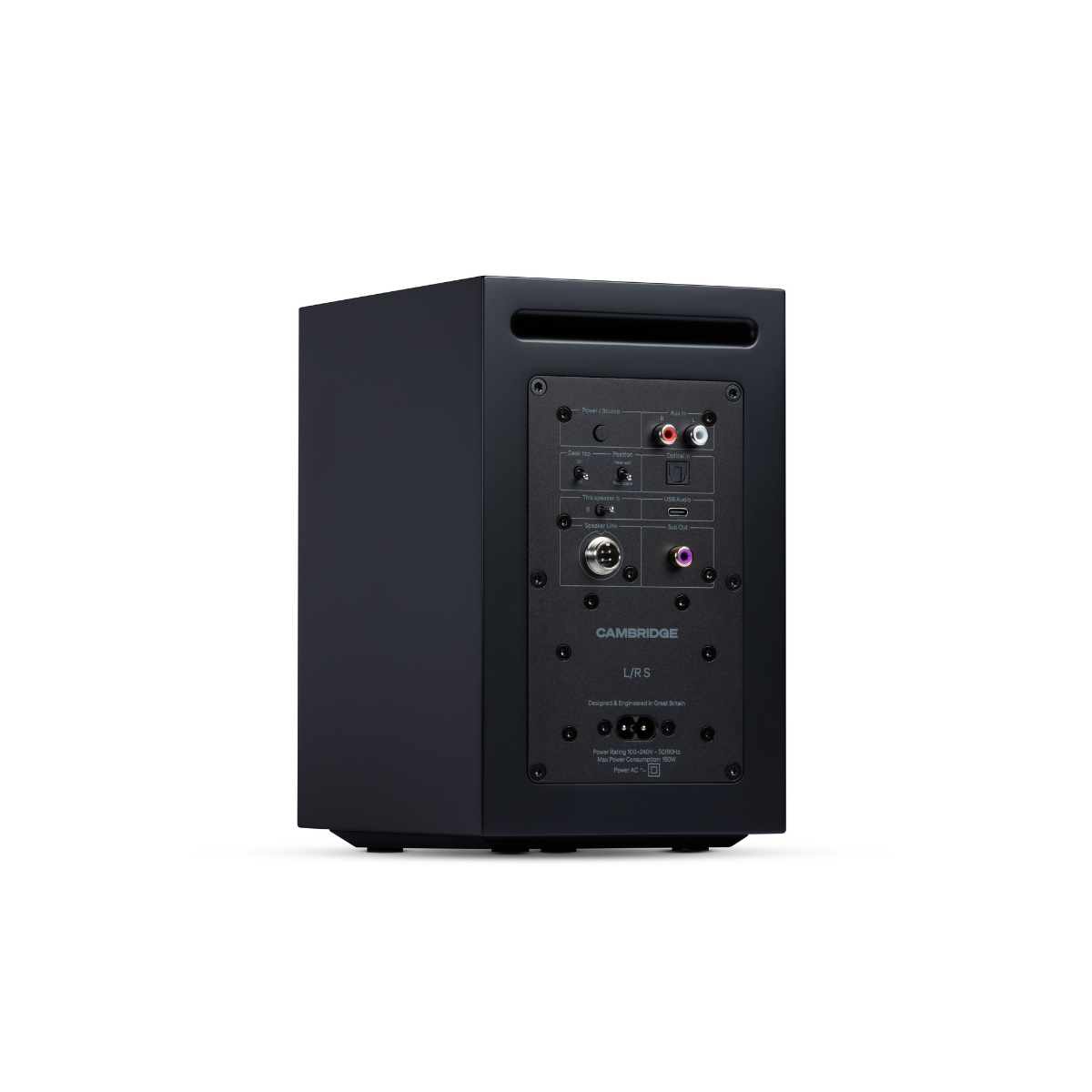 Back view of a black Cambridge Audio L/R S Ultra Compact Active Stereo Speakers