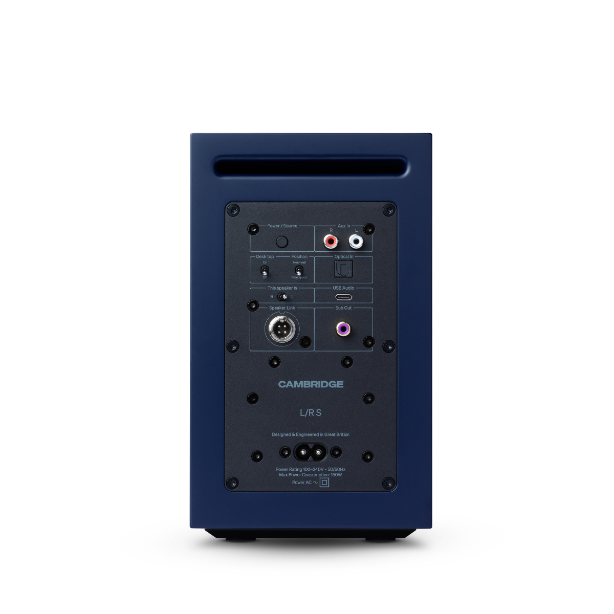 Back view of a blue Cambridge Audio L/R S Ultra Compact Active Stereo Speakers