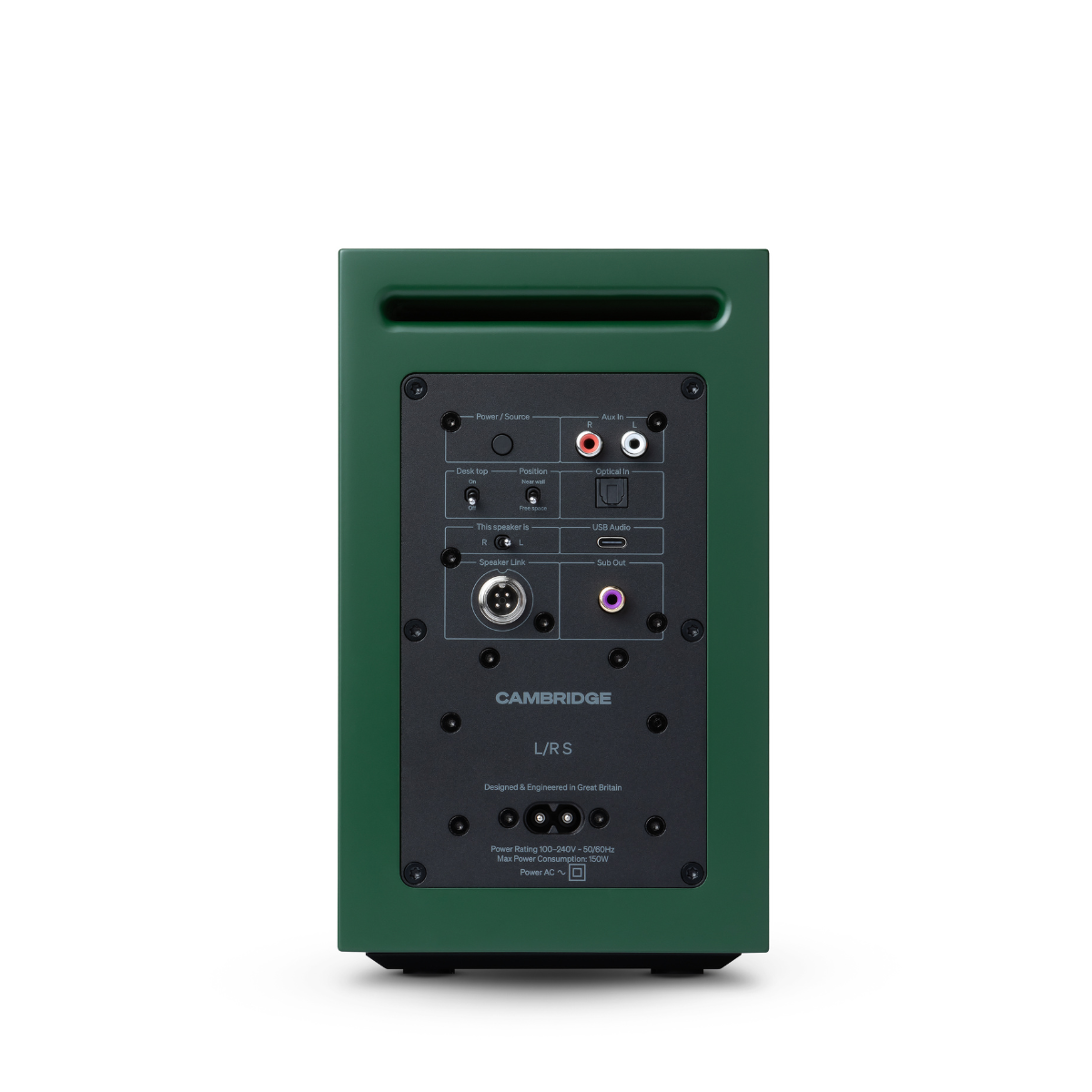 Back view of a green Cambridge Audio L/R S Ultra Compact Active Stereo Speakers