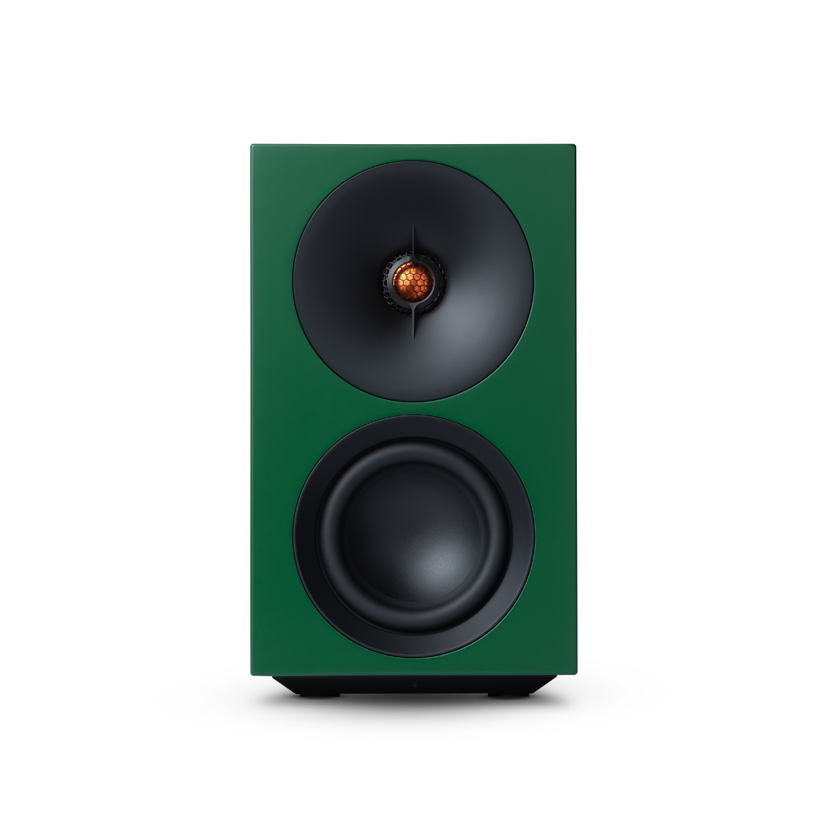Front view of a green Cambridge Audio L/R S Ultra Compact Active Stereo Speakers