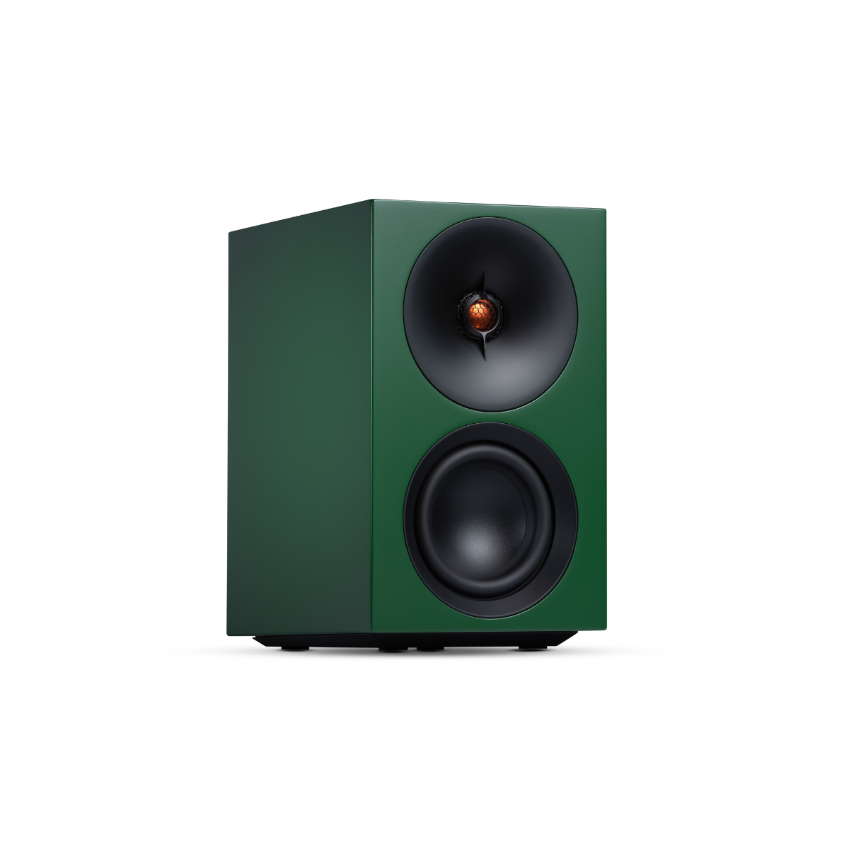 Side view of a green Cambridge Audio L/R S Ultra Compact Active Stereo Speakers