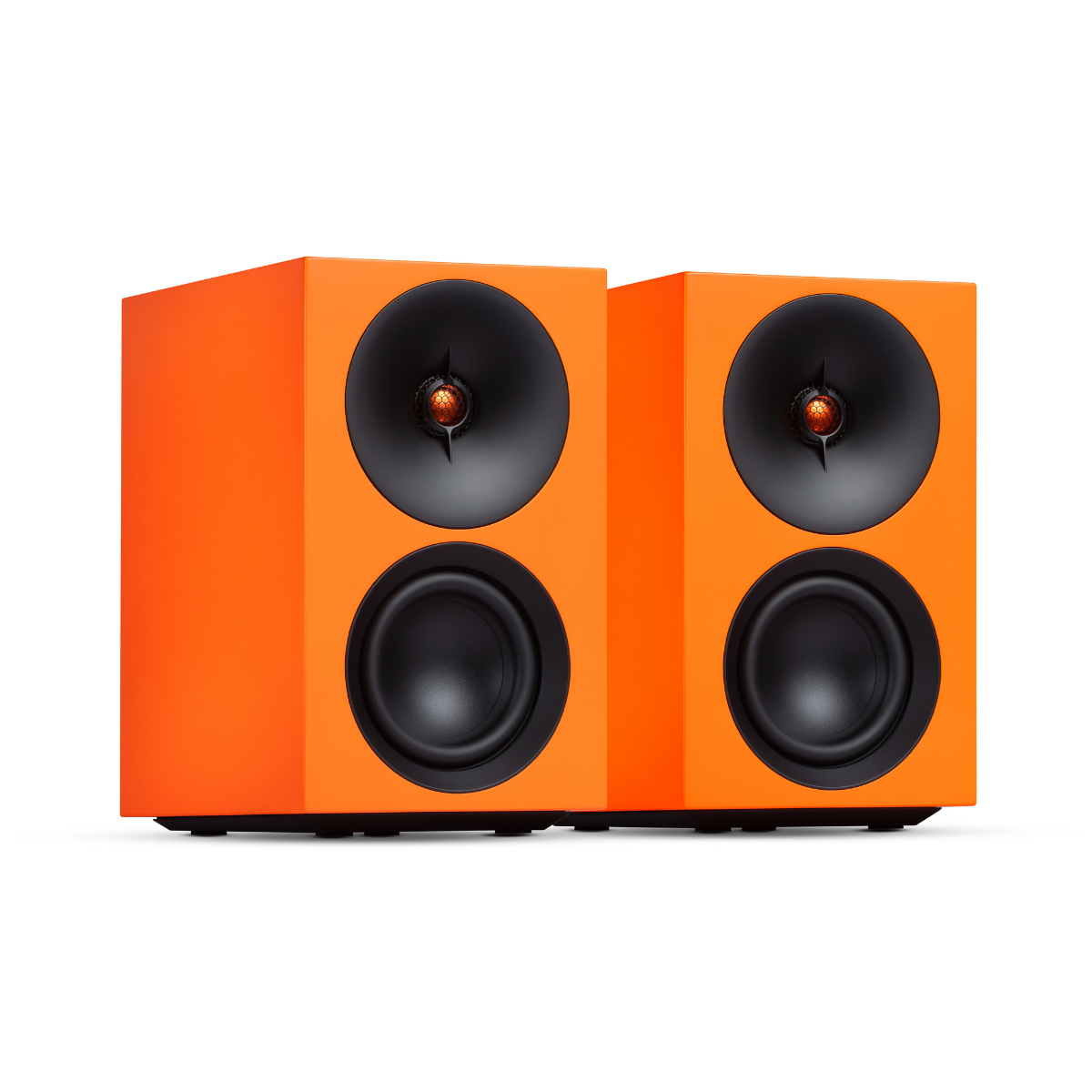 Pair of Orange Cambridge Audio L/R S Ultra Compact Active Stereo Speakers with black cones on a white background