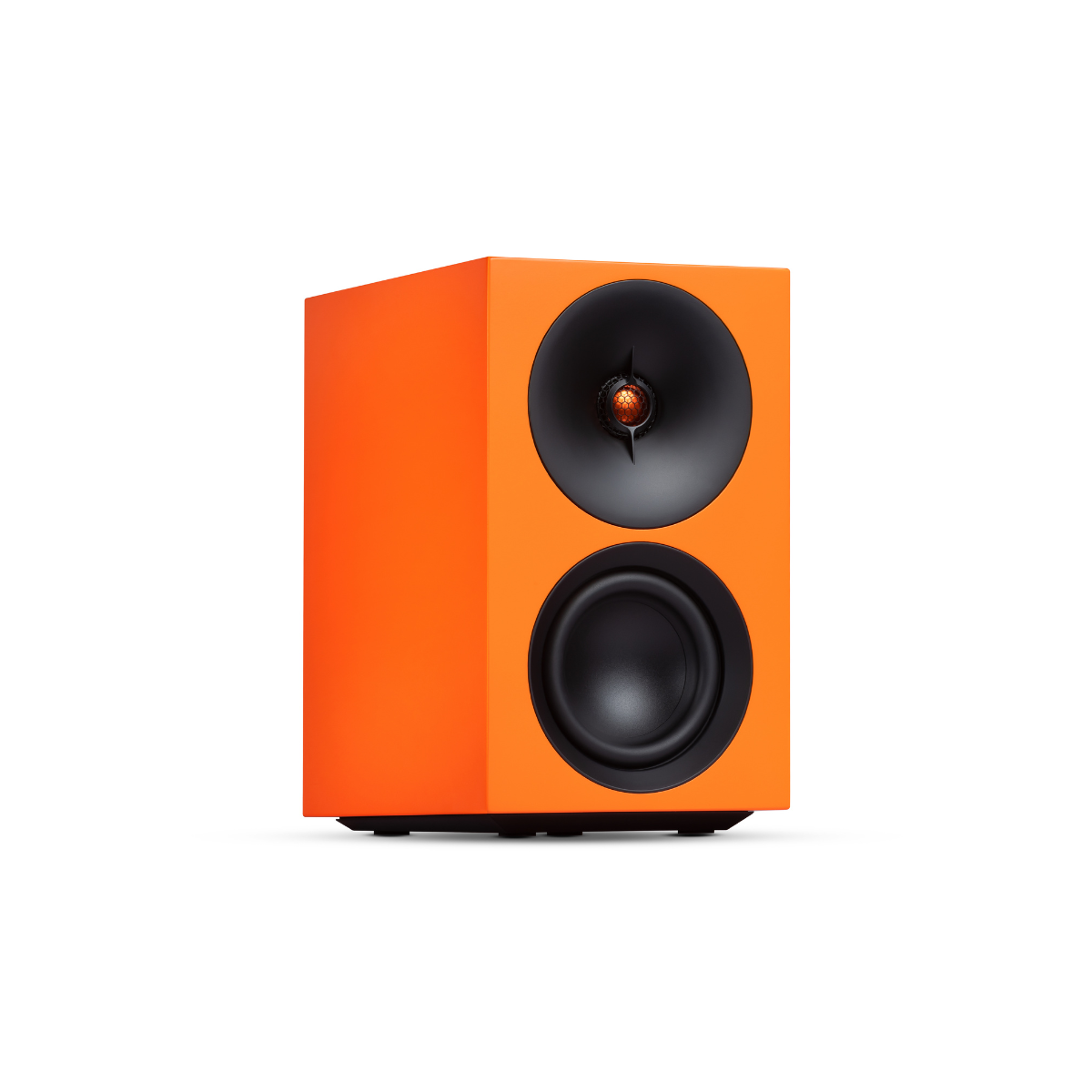 Orange Cambridge Audio L/R S Ultra Compact Active Stereo Speakers with black drivers on a white background
