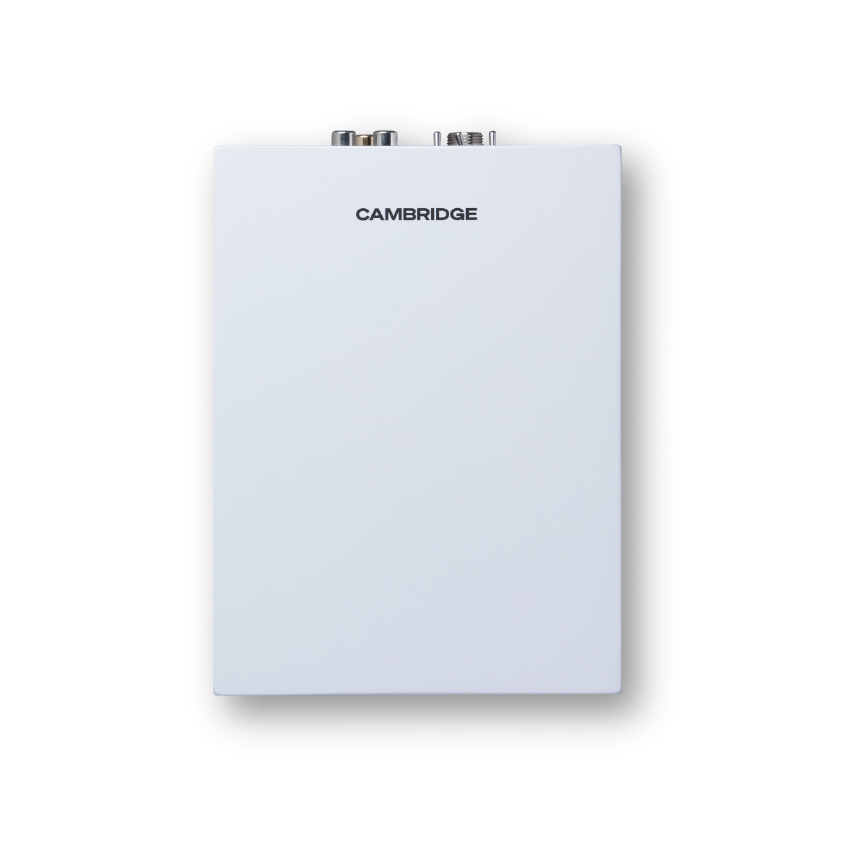White Cambridge Audio L/R S Ultra Compact Active Stereo Speakers with 'Cambridge' branding on a white background