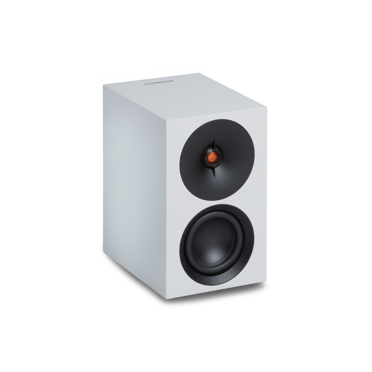 White Cambridge Audio L/R S Ultra Compact Active Stereo Speakers with black drivers on a white background