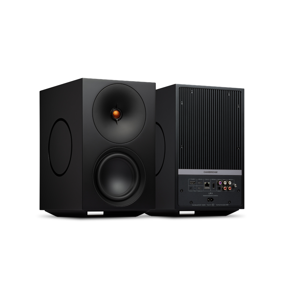 Front and back of a Cambridge Audio L/R X Advanced active stereo streaming speakers