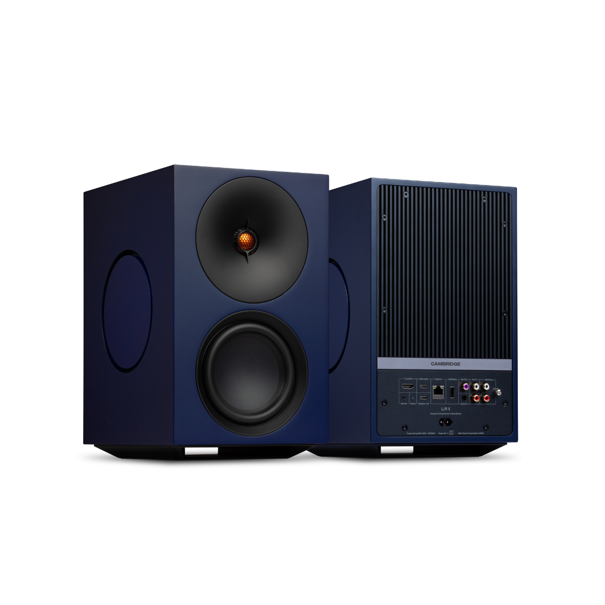 Front and back view of a pair of blue Cambridge Audio L/R X Advanced active stereo streaming speakers