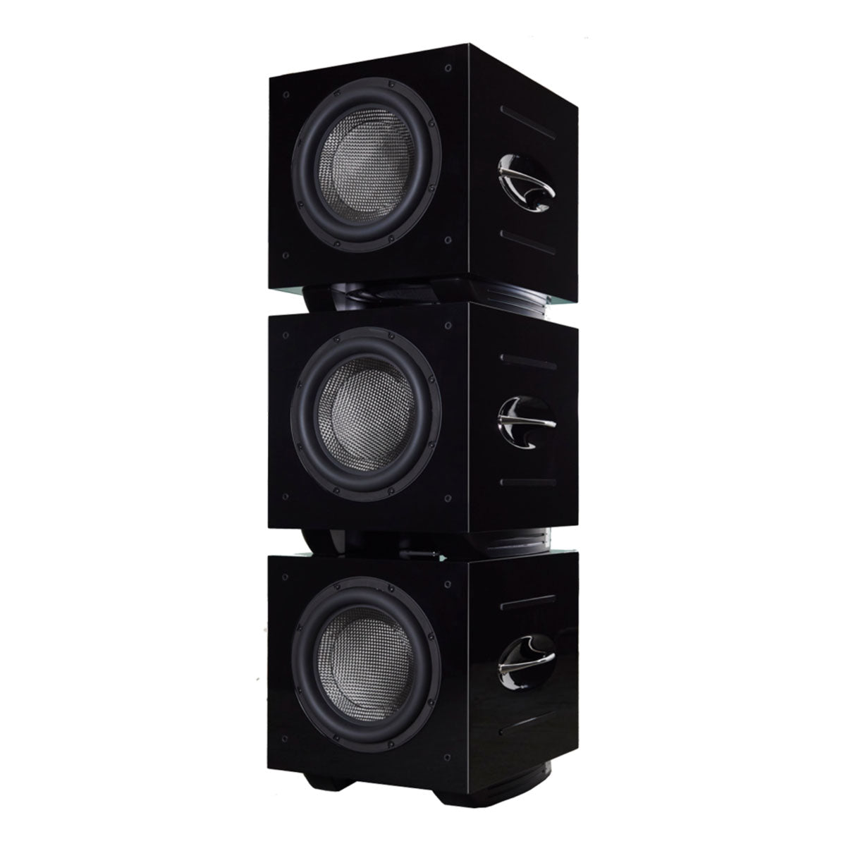 REL Acoustics Carbon Special Subwoofer vertical stack of three units, three-quarter view angled left without grille
