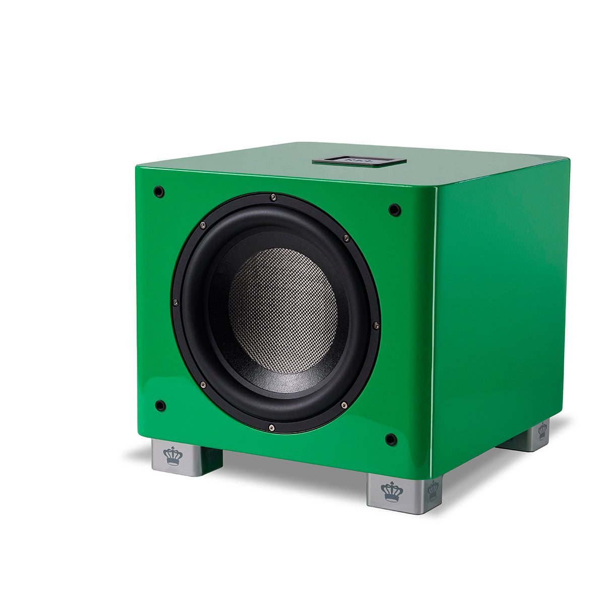 REL Acoustics T/9x SE Subwoofer Green three quarter front view angled left without grille