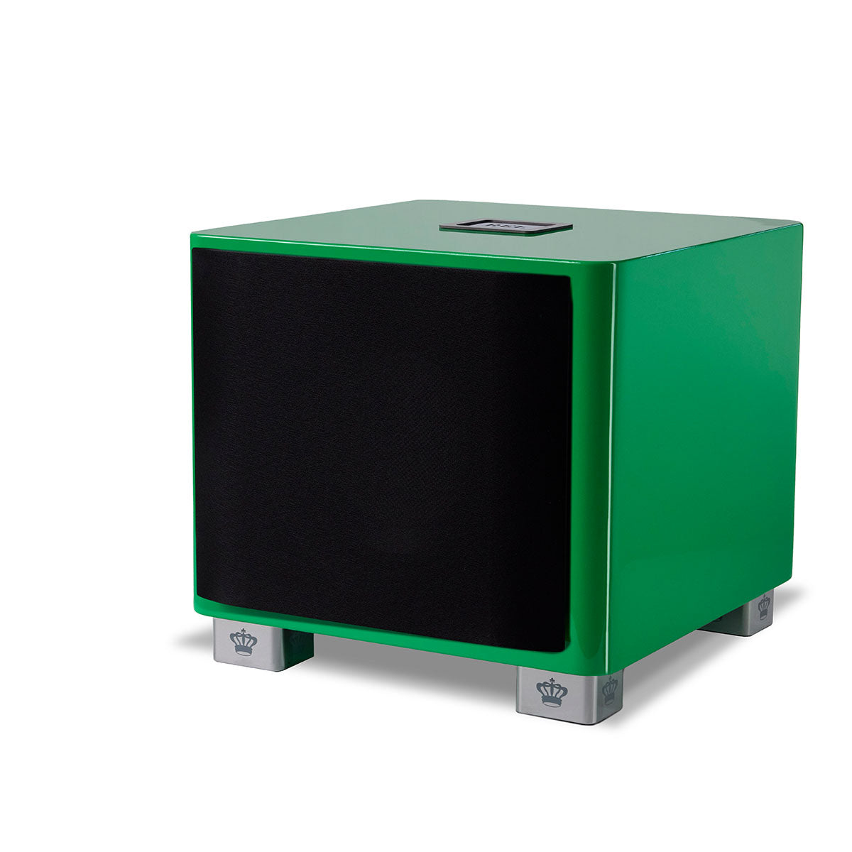 REL Acoustics T/9x SE Subwoofer Green three quarter front view angled left with grille