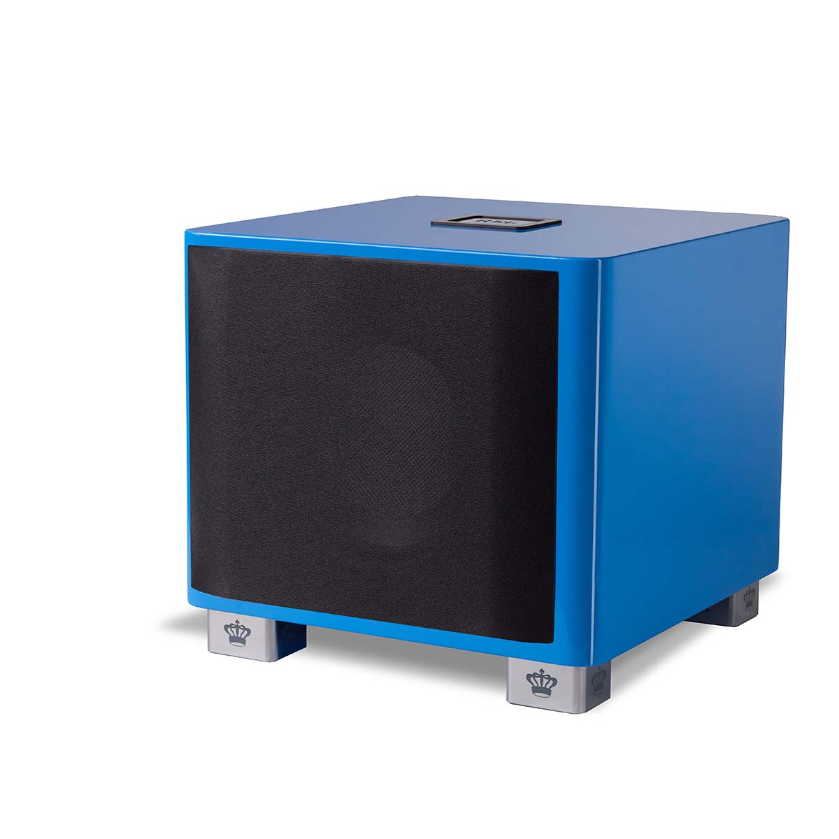 REL Acoustics T/9x SE Subwoofer Blue three quarter front view angled left with grille