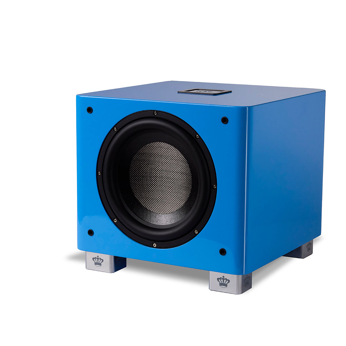 REL Acoustics T/9x SE Subwoofer Blue three quarter front view angled left without grille