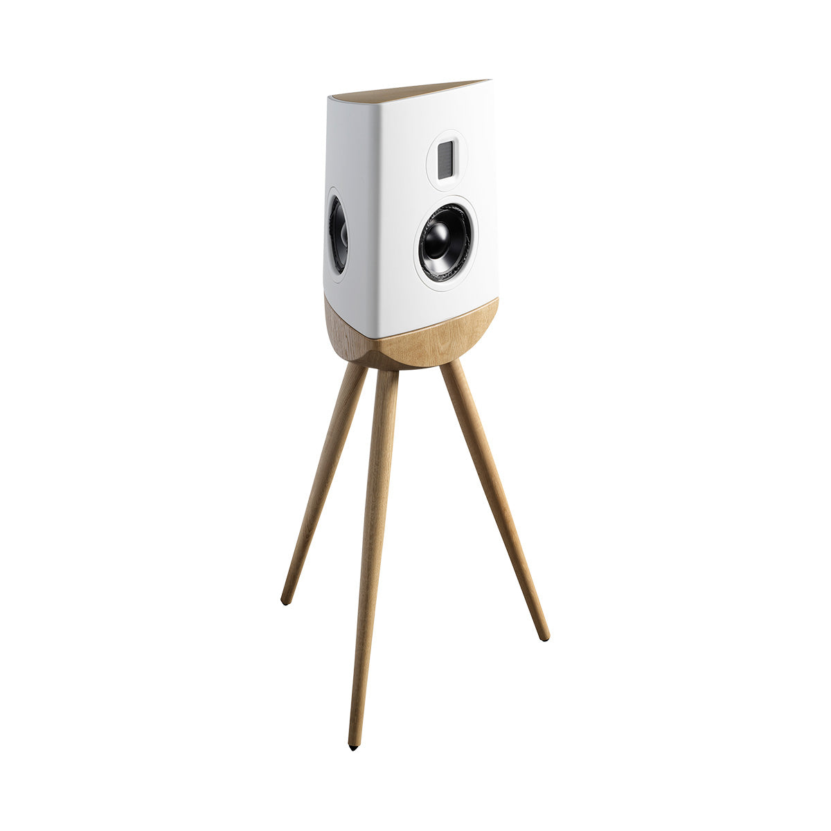 Lyngdorf Cue-100 Speaker white speaker with oak base front view angled right without grille