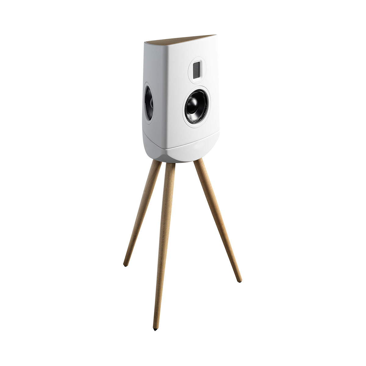 Lyngdorf Cue-100 Speaker white speaker with white base front view angled right without grille