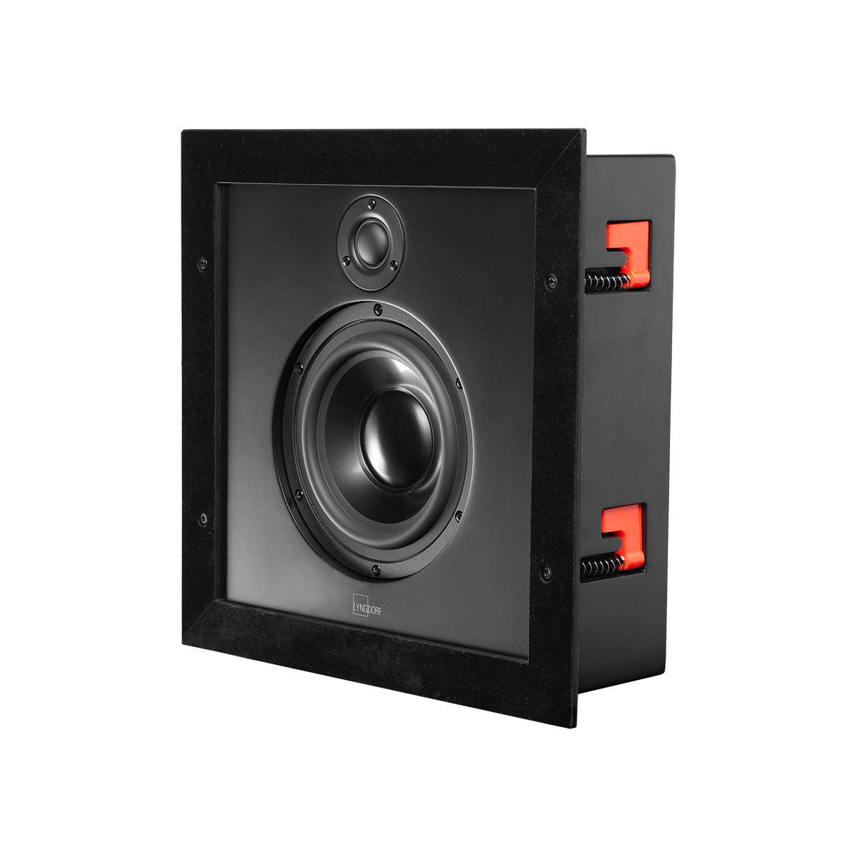 Lyngdorf D-5 In-Wall Speaker front view without grille angled left