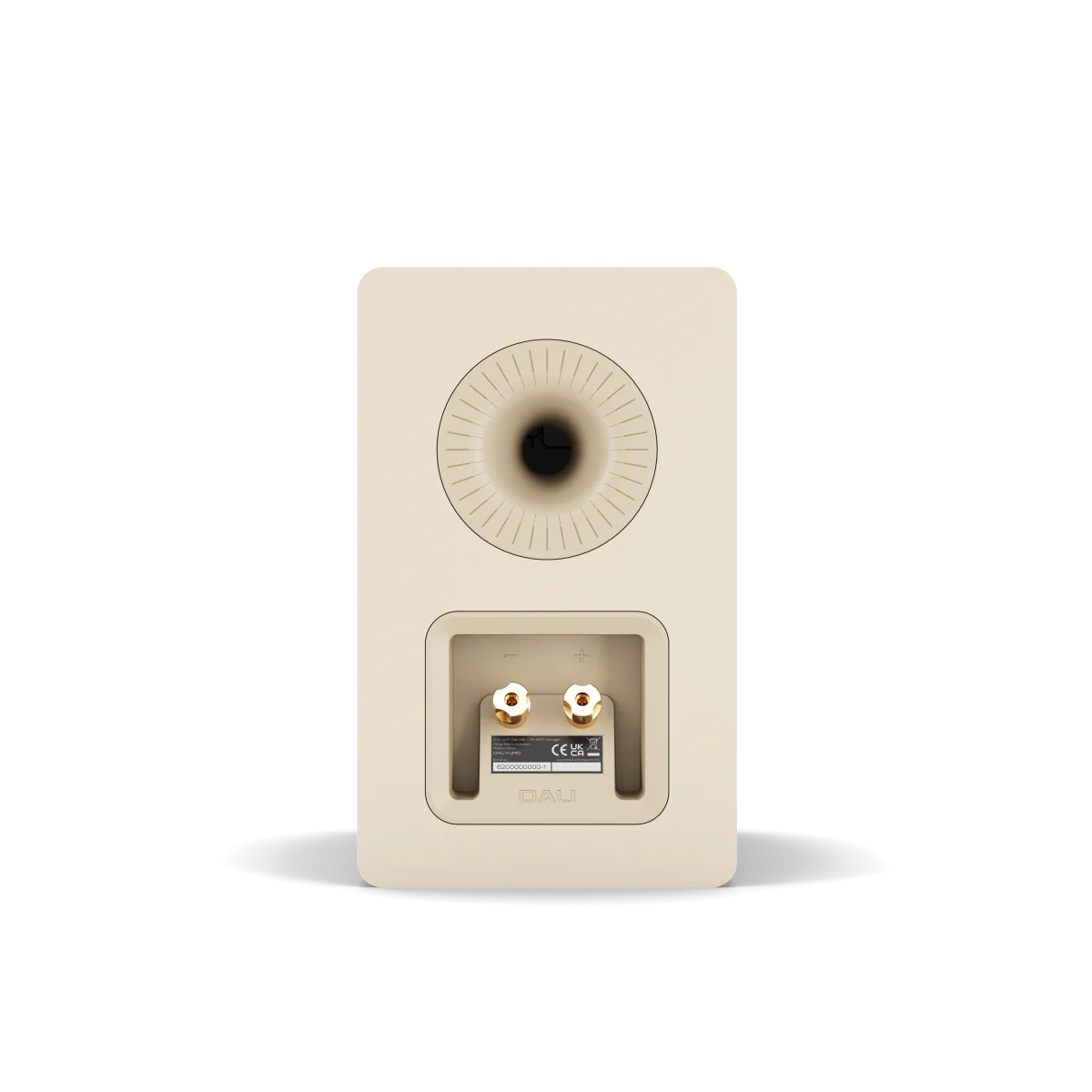 The rear view of a beige bookshelf speaker, showing the horn driver and the dual audio input terminals with banana plugs, on a white background.