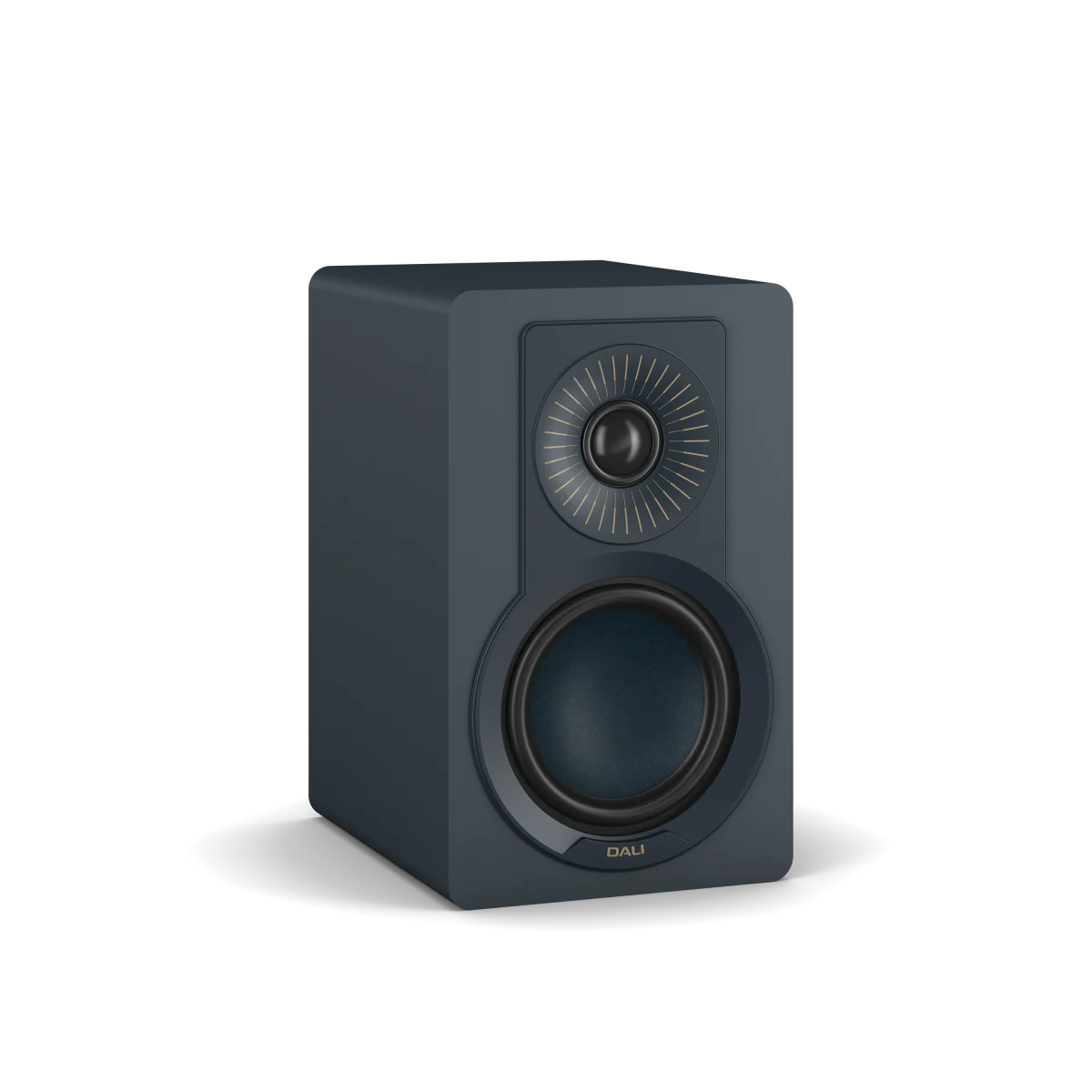 A single Dali Sonik bookshelf speaker in a dark slate blue-gray color, shown from a three-quarter angle on a clean white background.