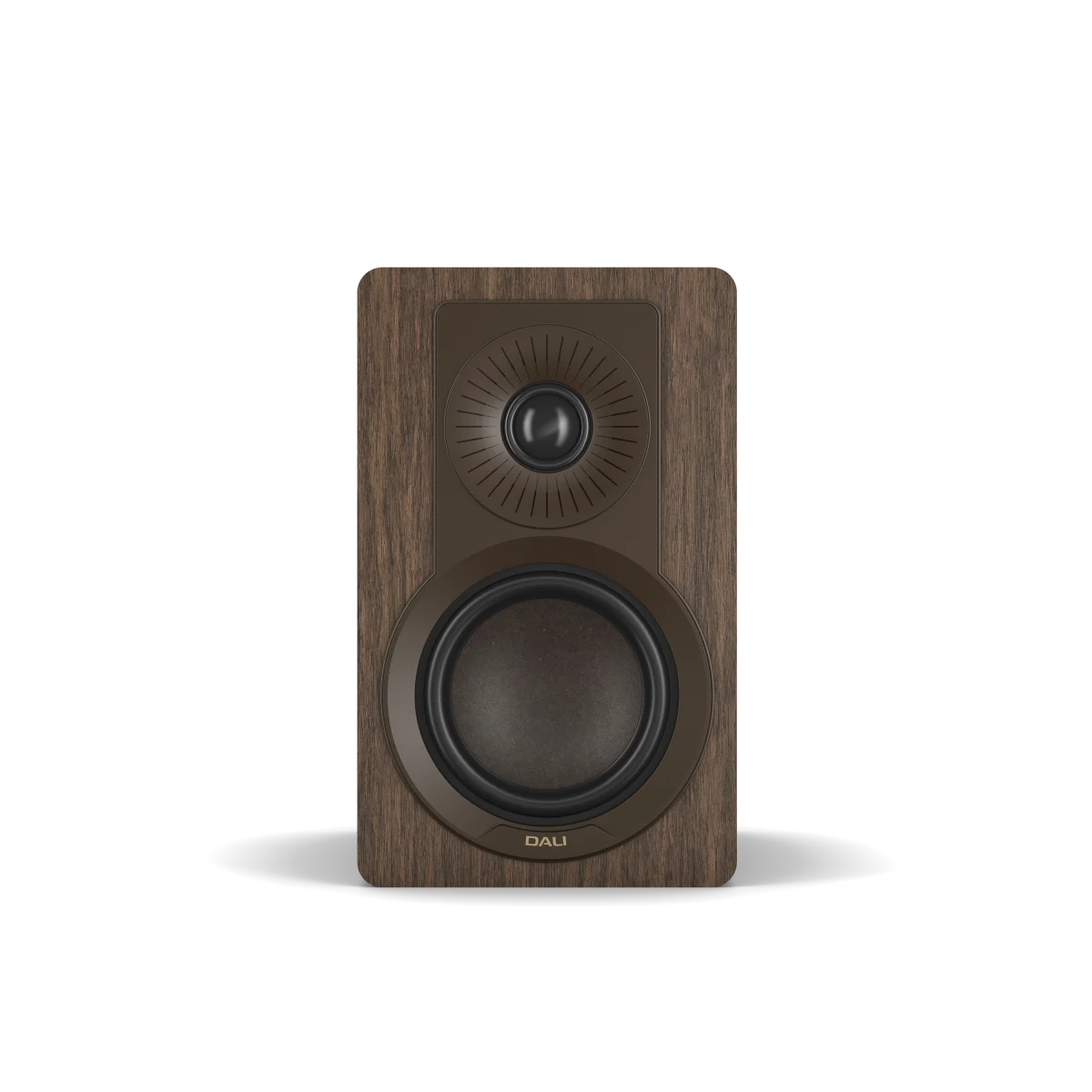 A single Dali Kupid bookshelf speaker with a dark brown wood-grain finish and a black front driver, shown against a plain white background.
