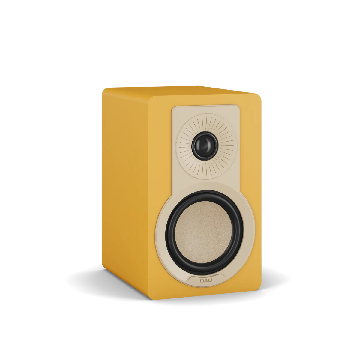 A DALI KUPID bookshelf speaker in a matte mustard yellow finish with a cream-colored front baffle and driver surrounds