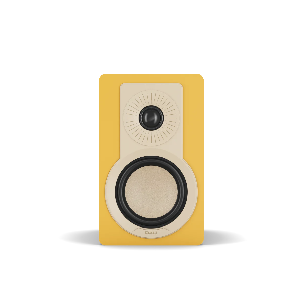 A single yellow bookshelf speaker with a cream-colored top grille and a black woofer, shown against a plain white background.