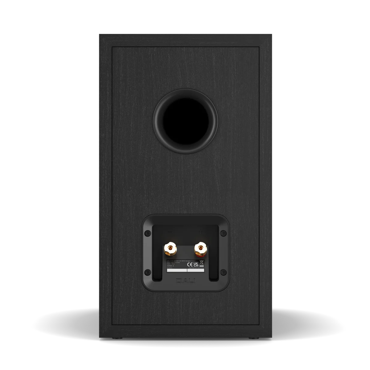 A single black wood-finish bookshelf speaker shown from the rear, featuring a circular port and a dual-banding terminal plate with gold-plated connectors, set against a plain white background.