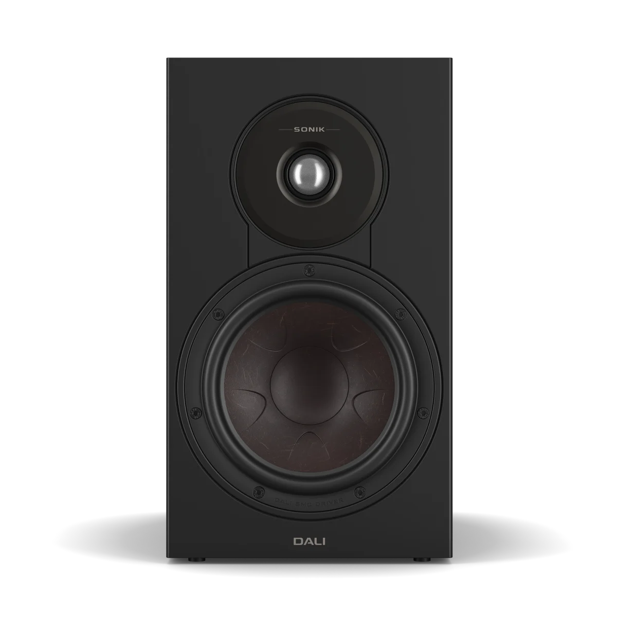 A black Dali Sonik 3 bookshelf speaker with a dual driver design, featuring a small top driver with a silver center cone and a larger woofer with a dark brownish-black dust cup, shown on a white background with a soft shadow.