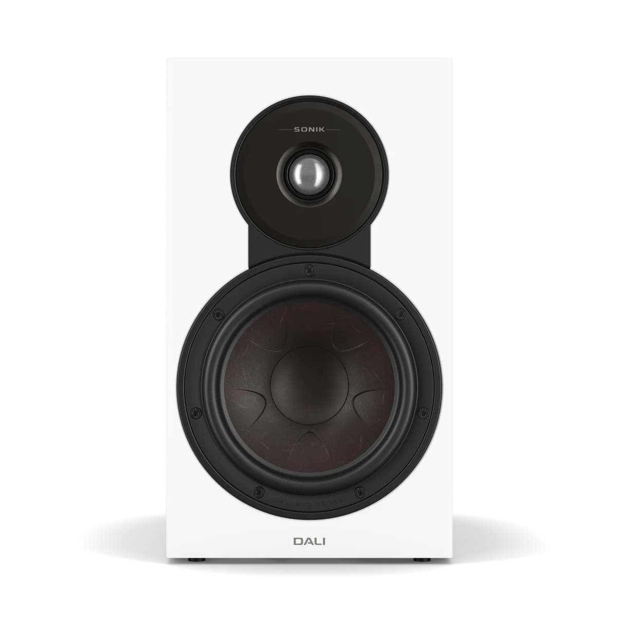 White speaker with black driver on a white background