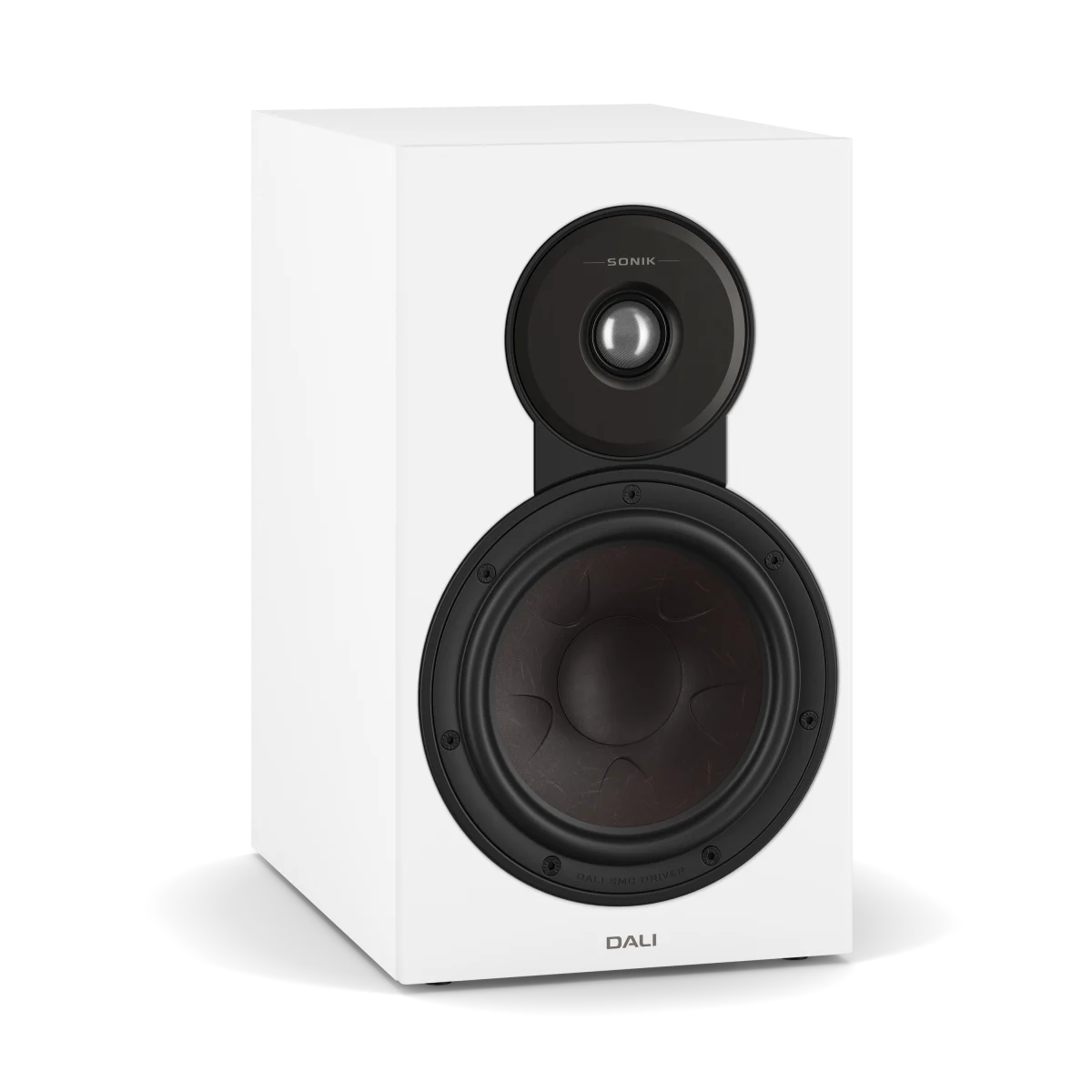 A white DALI bookshelf speaker with a black front driver and a smaller black top driver, shown on a clean white background.