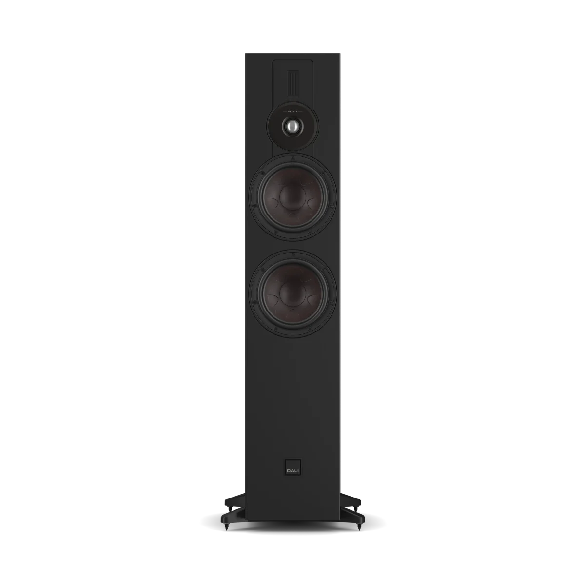 A tall, black ash Dali Sonik 7 floor-standing speaker with three visible driver cones and a small logo badge near the bottom, centered on a plain white background.