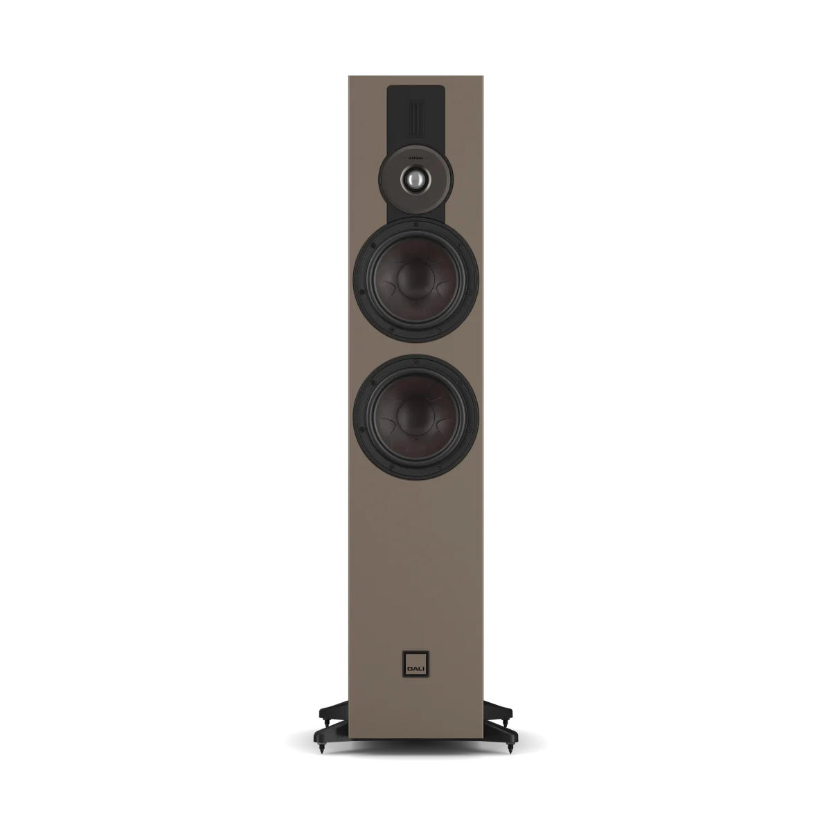 A Dali Sonik 7 floorstanding speaker in a warm taupe-brown finish with black drivers and a top grille, shown on a clean white background.