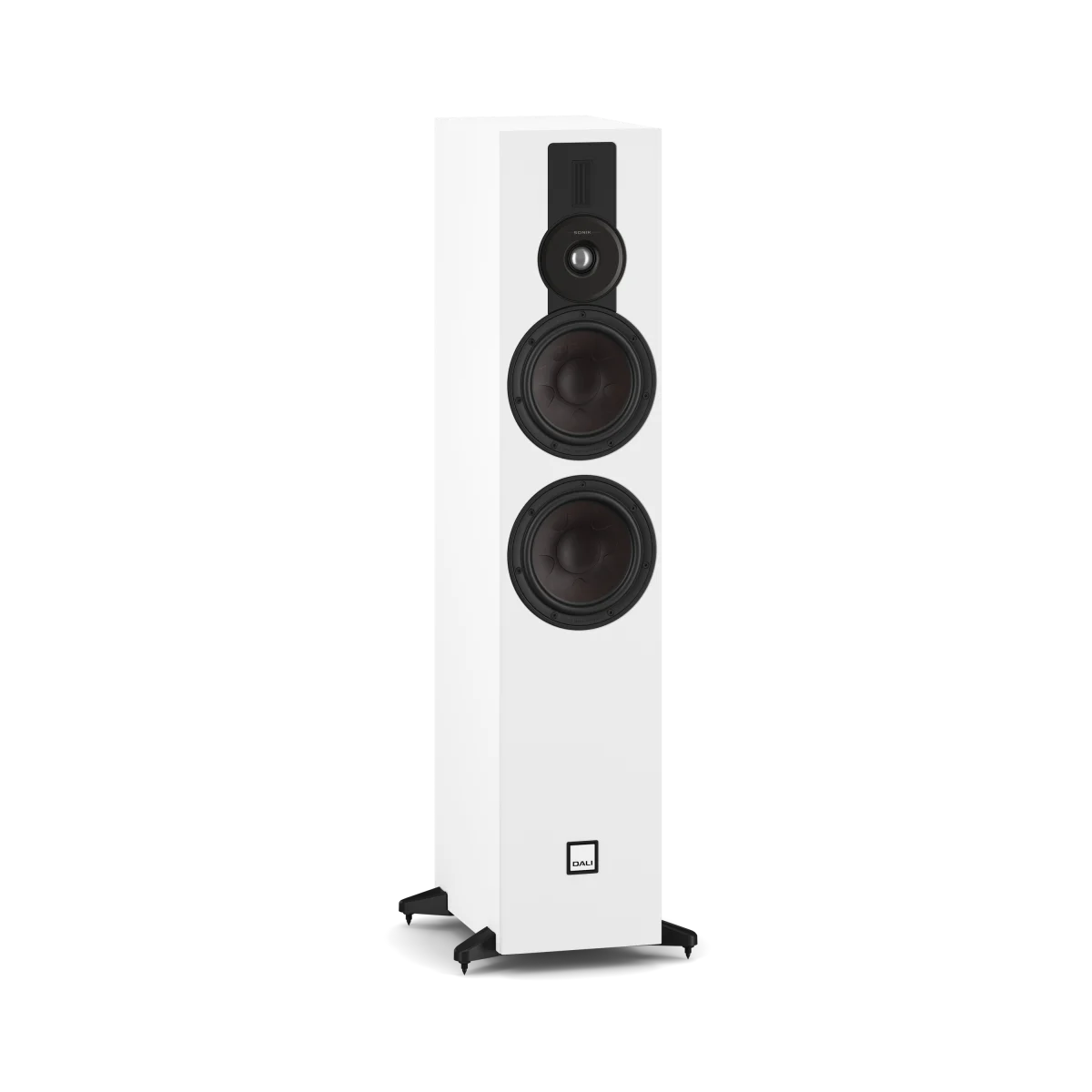 A white DALI SONIK 7 floorstanding speaker with black cones, a top-mounted tweeter, and small black feet, shown against a plain white background.