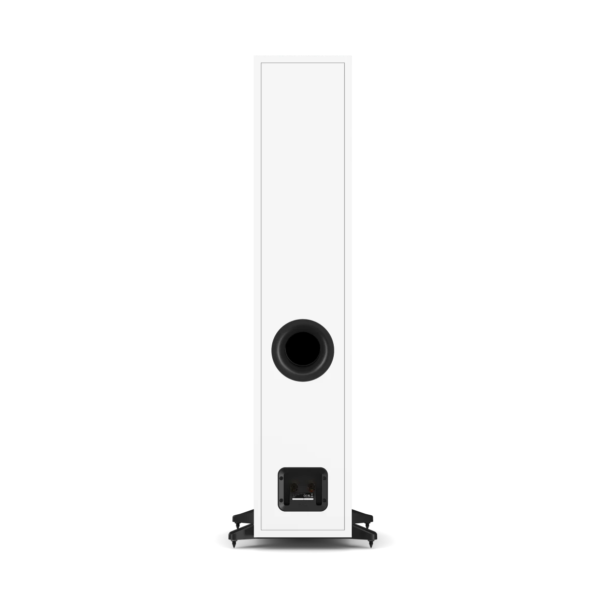 A tall, slim white Dali Sonik 7 floorstanding speaker shown from the rear, featuring a circular black driver and a square black port, standing on small black feet against a solid white background.