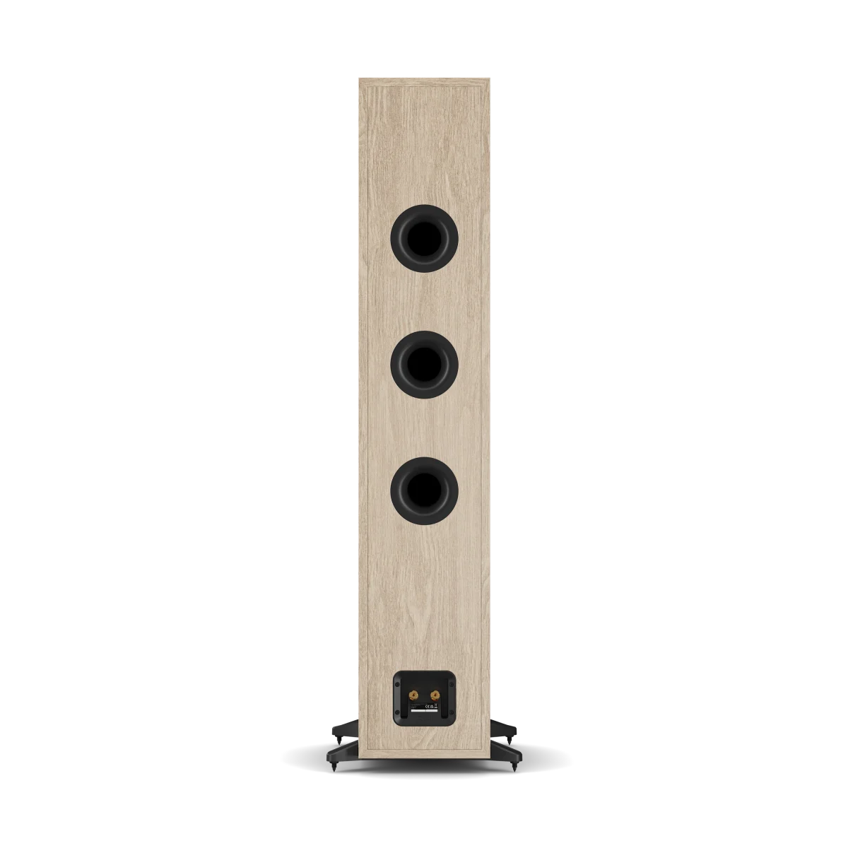 A single tall floorstanding speaker with a light oak wood grain finish and three black driver cones, shown from the rear on a white background.