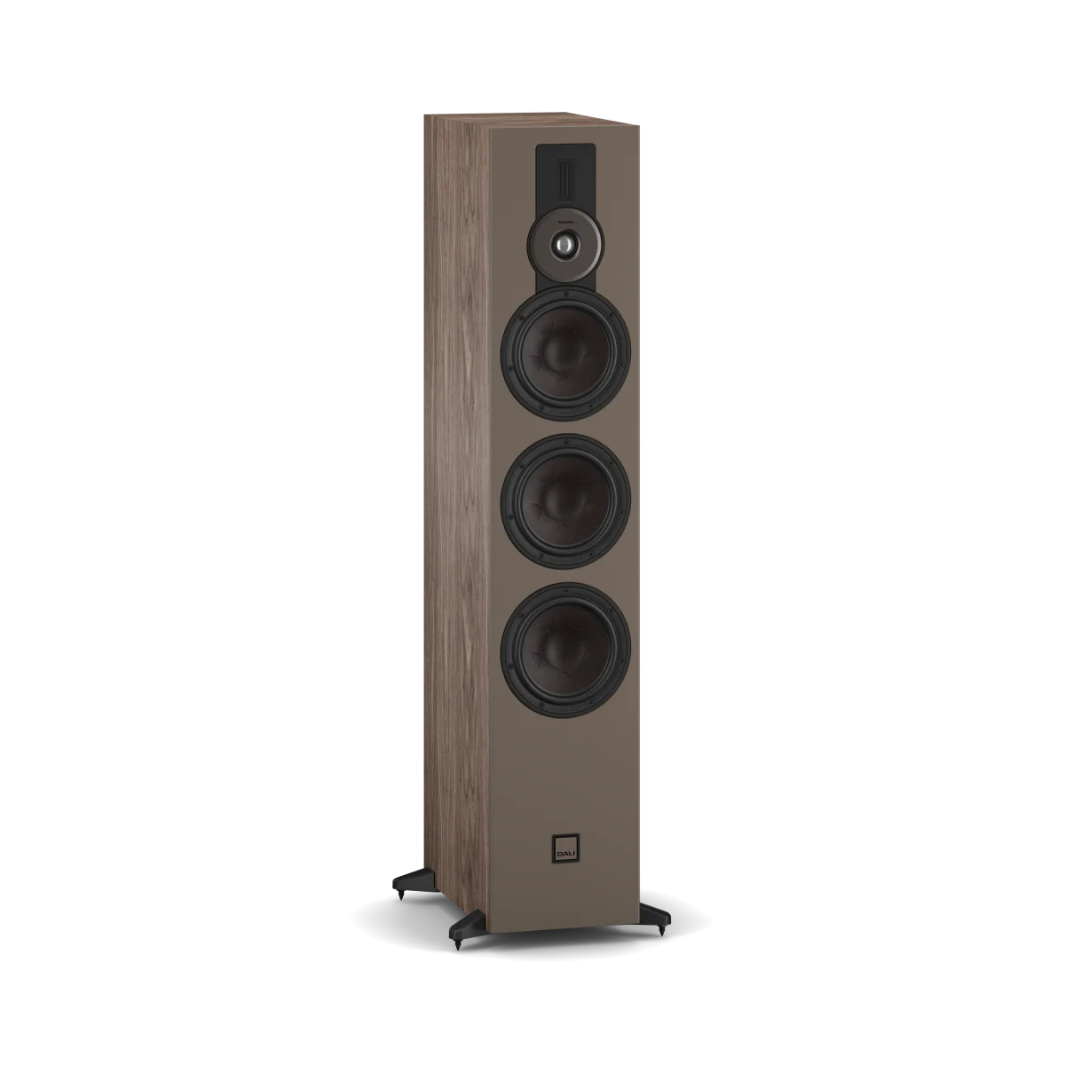 Wooden floor-standing speaker on a white background