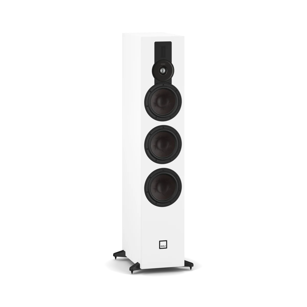 A white floorstanding speaker with three black drivers and a small square logo badge near the bottom, shown on a clean white background.
