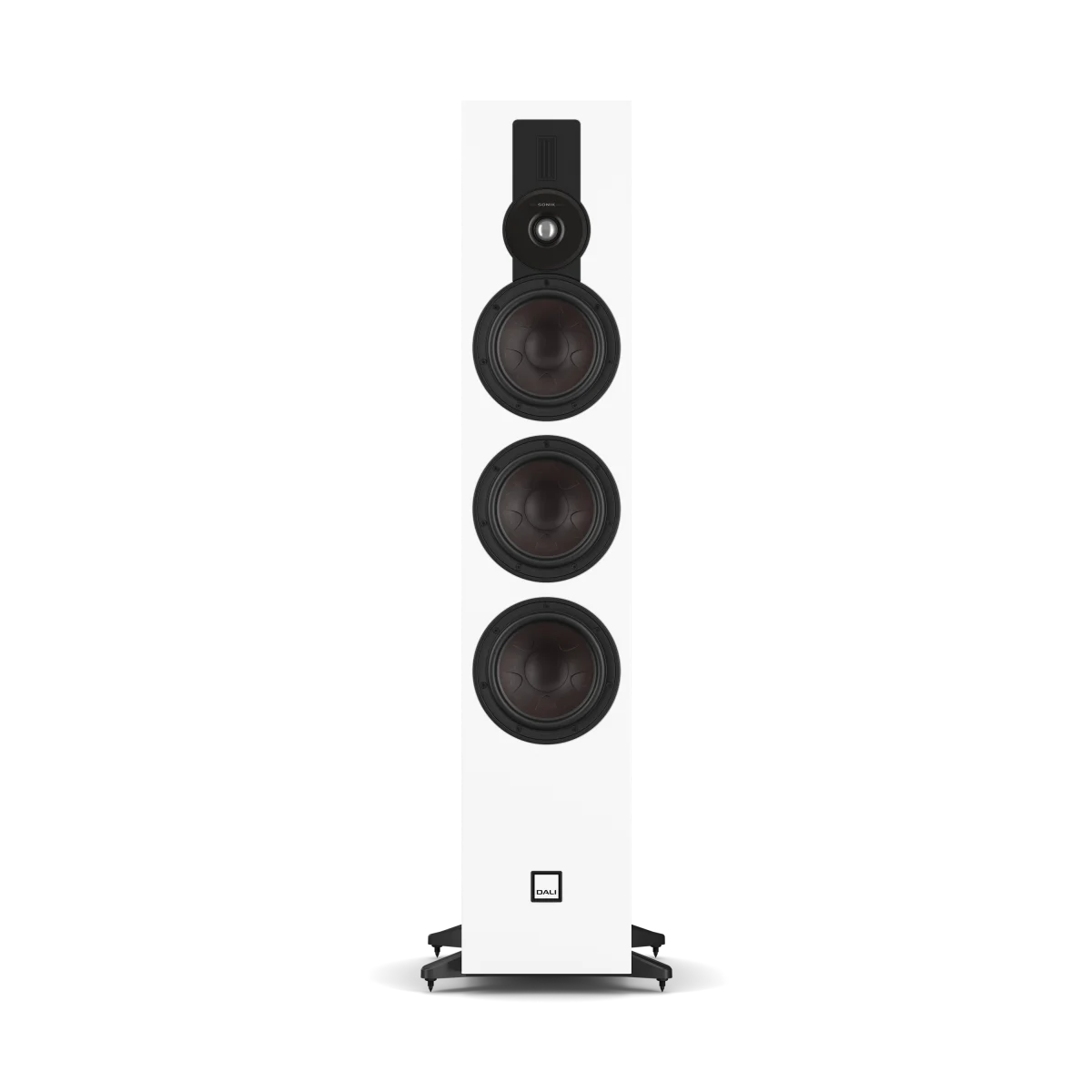 A white floorstanding speaker with three black drivers and a small logo badge near the base, shown against a plain white background.