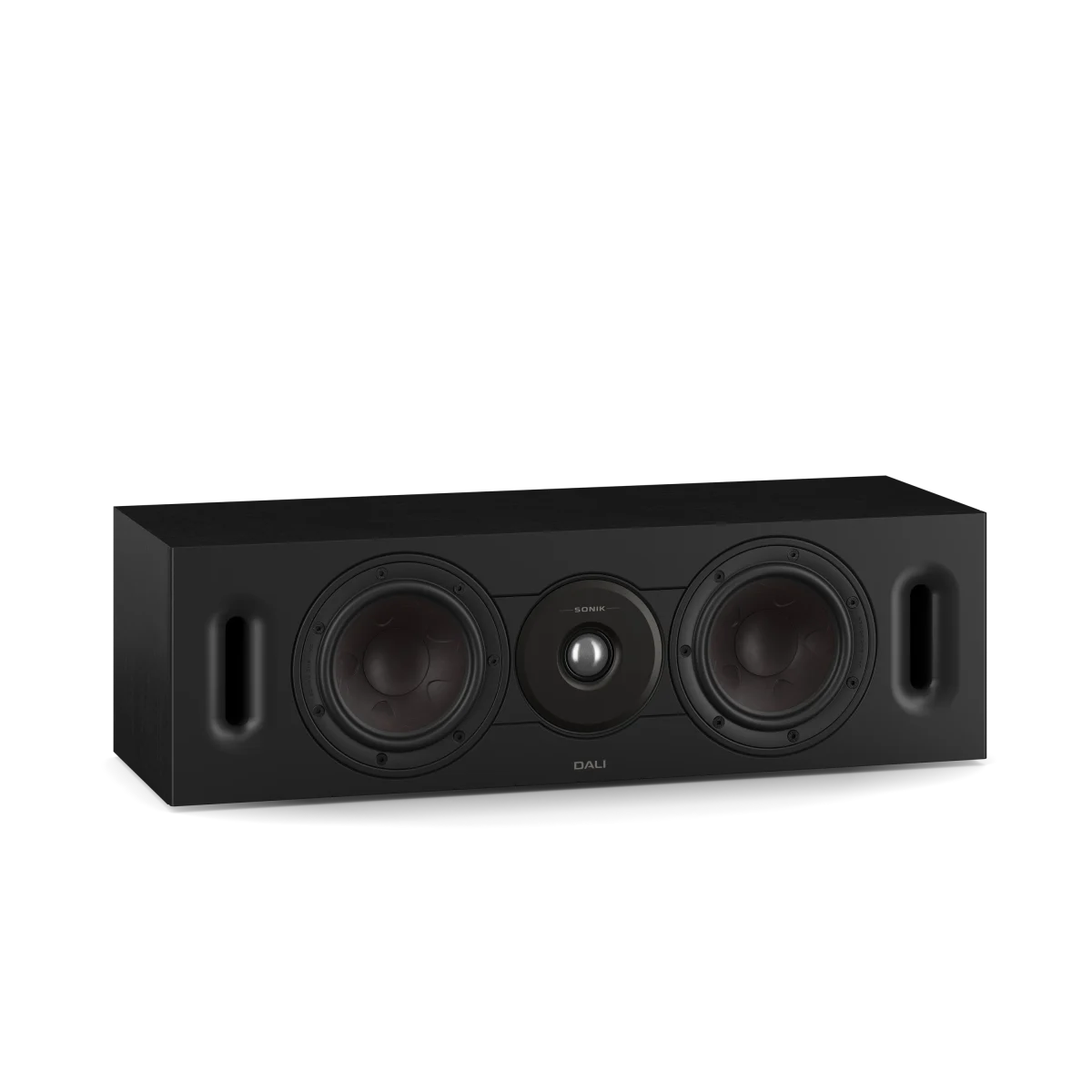 A black Dali center-channel speaker with two large woofers, a central tweeter, and side porting holes, shown against a plain white background.