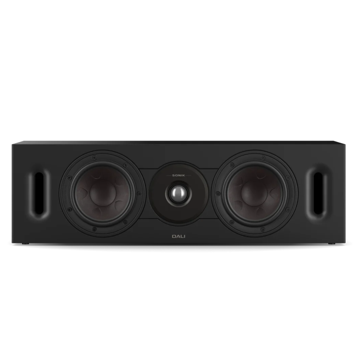 A black Dali Sonik Cinema LCR speaker with two woofers, a central dome driver, and side porting slots, shown against a plain white background.