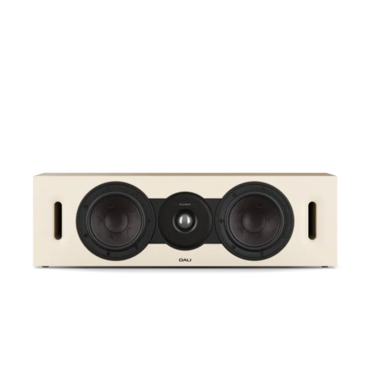 A Dali home theater speaker system featuring a cream-colored rectangular front baffle with two large black woofers and a central black tweeter, shown against a plain white background.