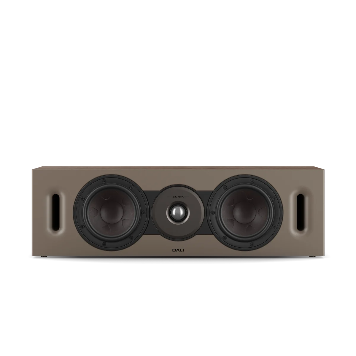 A DALI LCR channel speaker in a walnut finish with black drivers, shown from the front against a solid white background.