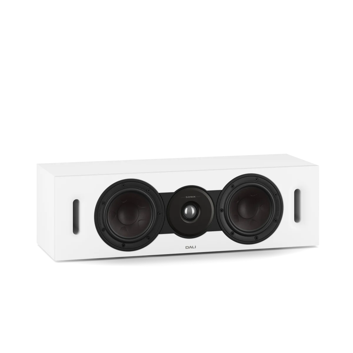 A white Dali LCR channel speaker with black woofers and a central tweeter, shown from a three-quarters angle on a white background.