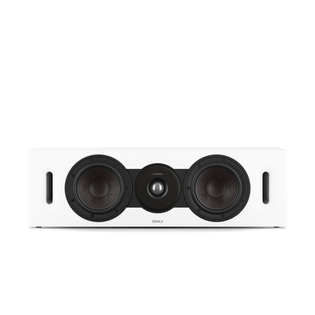 A white Dali home theater speaker featuring three black drivers (two large woofers and one central tweeter) on a clean white background.