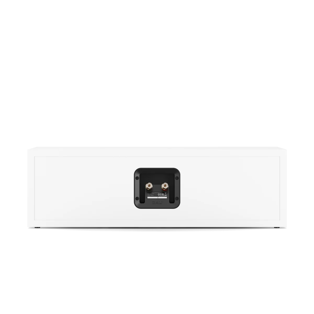 A white DALI SONIK Cinema Passive Home Theater LCR Speaker in white, likely a speaker or receiver, shown from the back with a black terminal panel in the center against a white background.