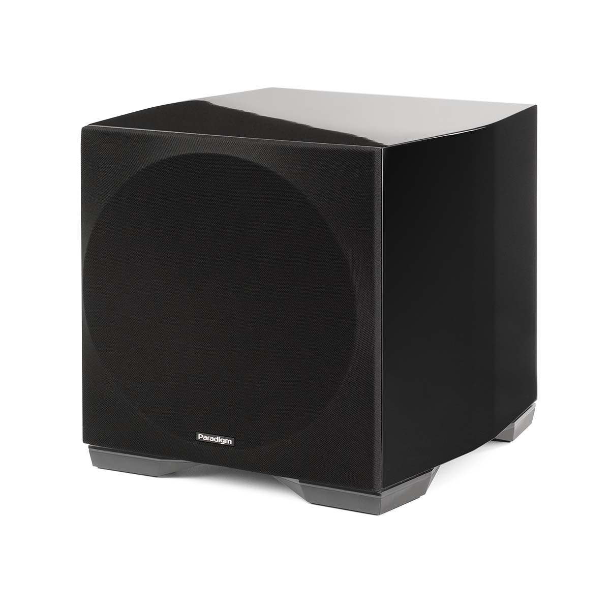 Paradigm Defiance S10 10-inch Subwoofer gloss black with grille front view angled left