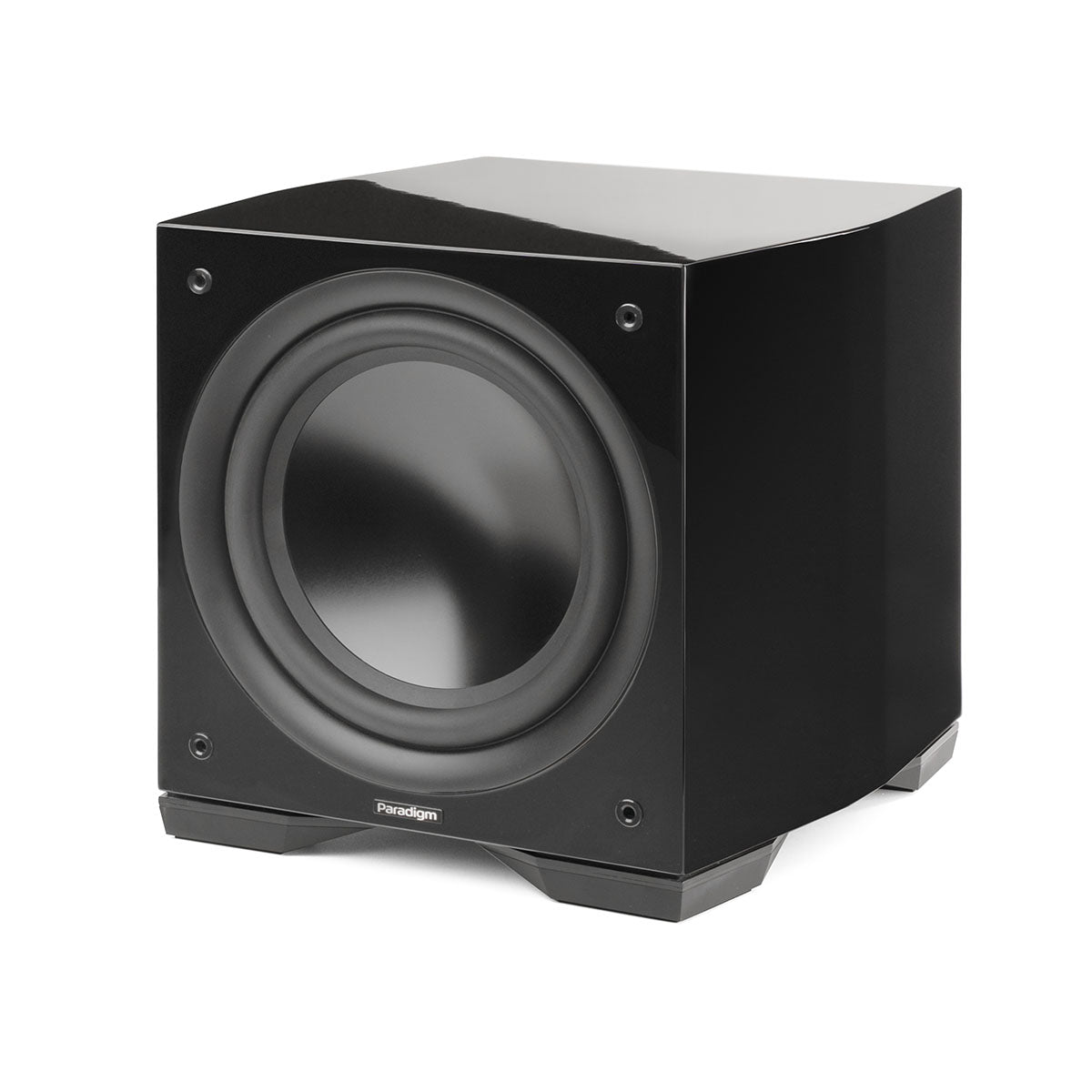 Paradigm Defiance S10 10-inch Subwoofer gloss black without grille front view angled left
