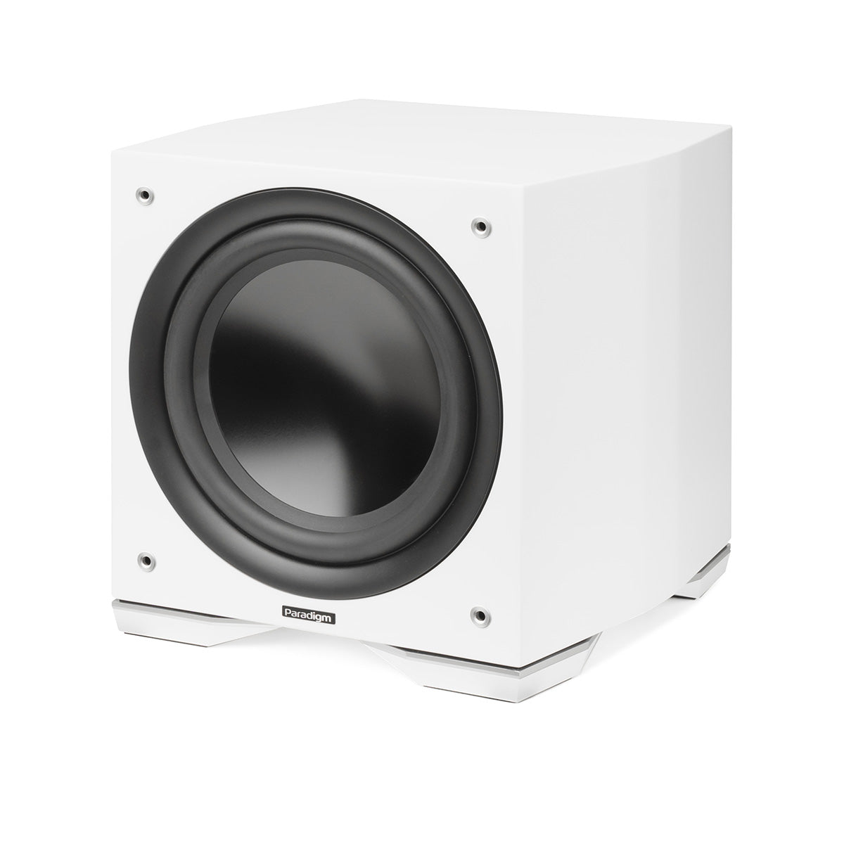 Paradigm Defiance S10 10-inch Subwoofer satin white without grille front view angled left